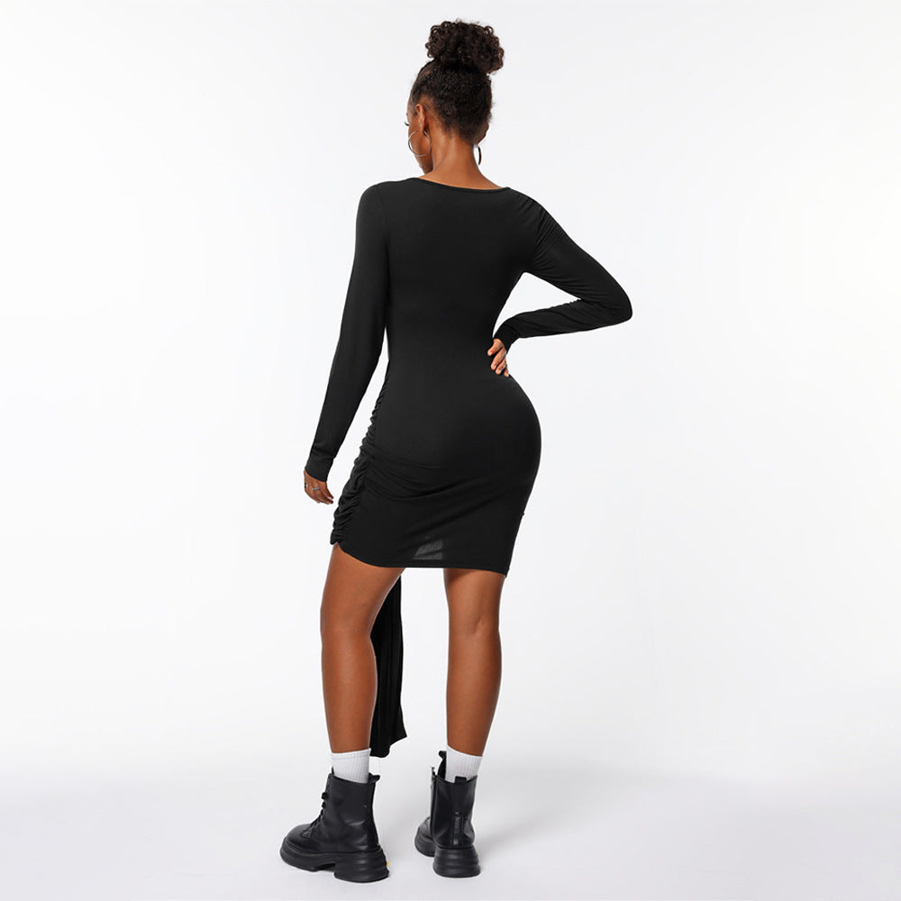 Damen figurbetontes Minikleid mit asymmetrischer Knotendrapierung, taillierter Raffung und langem Ärmelschal Shop Nory
