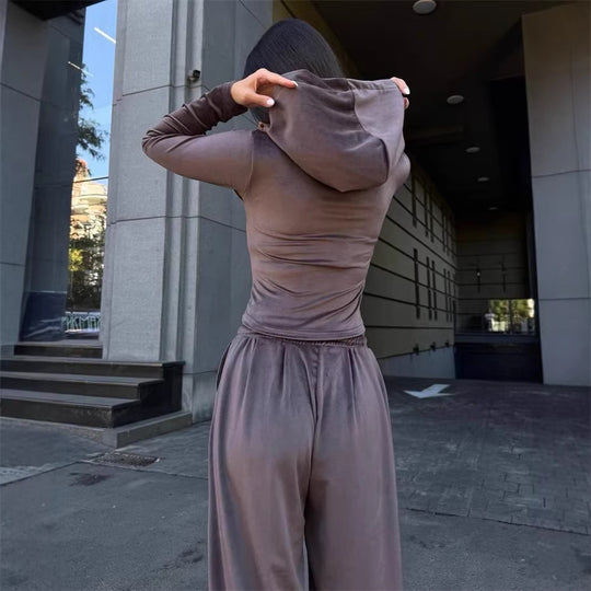 Damen Lounge-Set mit taillierter Kapuzenjacke und extraweiter Palazzo-Jogginghose Shop Nory