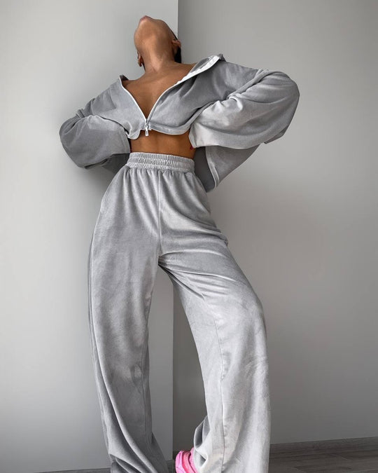 Damen kurzes Samt-Cropped-Zipshirt mit weitem High‑Waist Palazzo‑Hose Zweiteiler Shop Nory