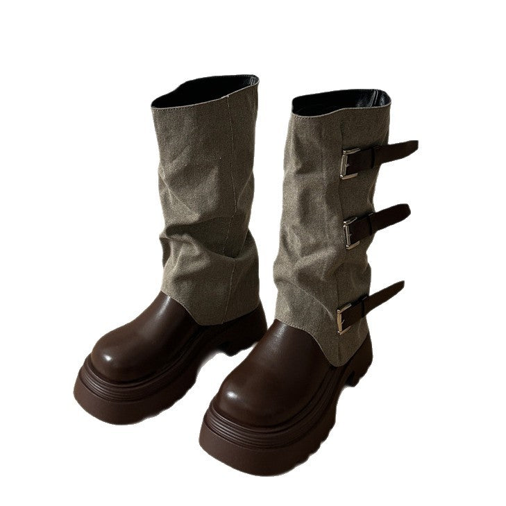 Damen Boots mit modischer Schnallenverzierung und robustem Plateau-Heel