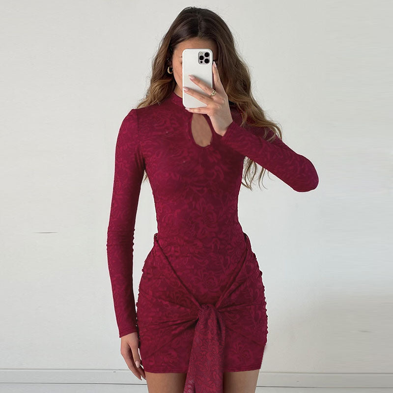 Damen Tailliertes Jacquard-Minikleid mit Drapé-Knoten und Langarm Shop Nory