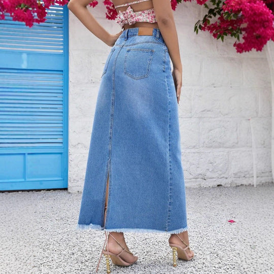 Damen Taillenhoher Denim-Maxi-Rock mit geradem Schnitt, Ziernähten und rohem Fransen-Saum Shop Nory