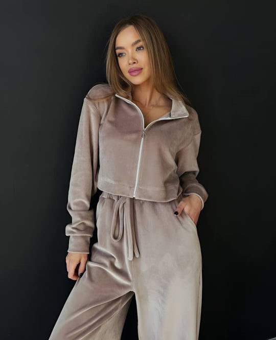 Damen gekürztes Velours-Cropped-Hoodie mit Stehkragen und elastischer High-Waist-Palazzo-Jogginghose Shop Nory