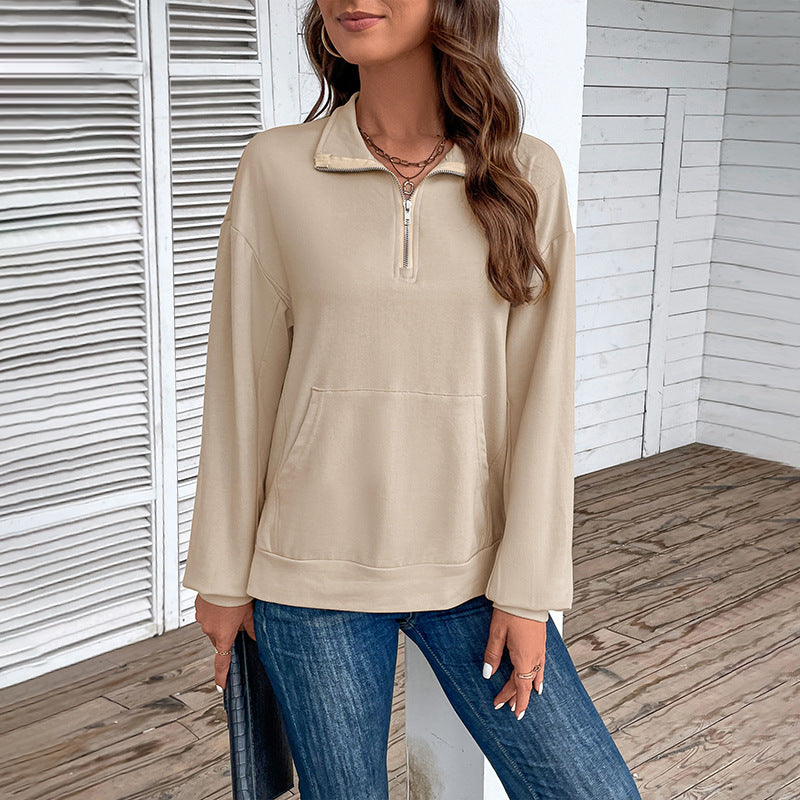 Damen Leichtes Halbzip-Sweatshirt im Relaxed-Fit mit Kängurutasche und Stehkragen Shop Nory