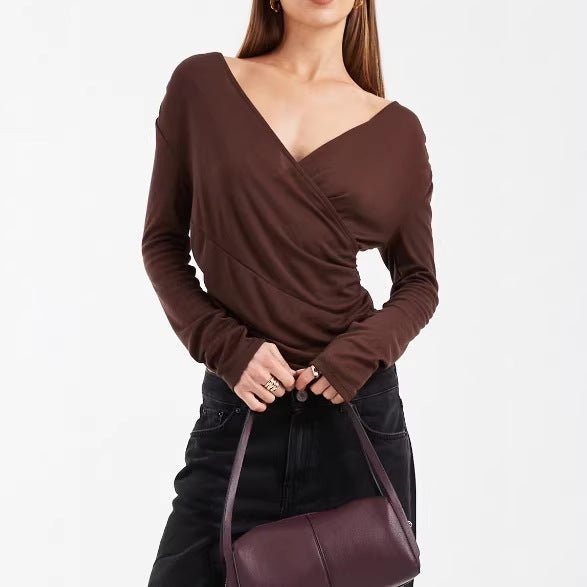 Damen Figurbetontes Wickelshirt mit V-Ausschnitt und Raffung Shop Nory