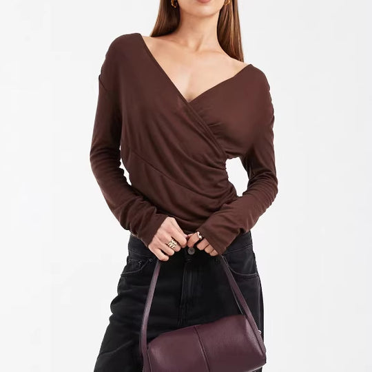 Damen Figurbetontes Wickelshirt mit V-Ausschnitt und Raffung Shop Nory