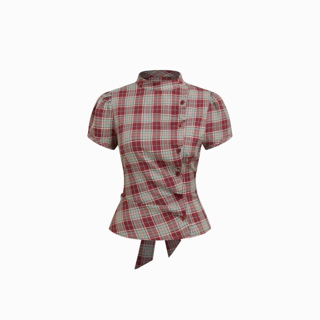 Damen Karierte Bluse mit hoher Taille und Puffärmeln