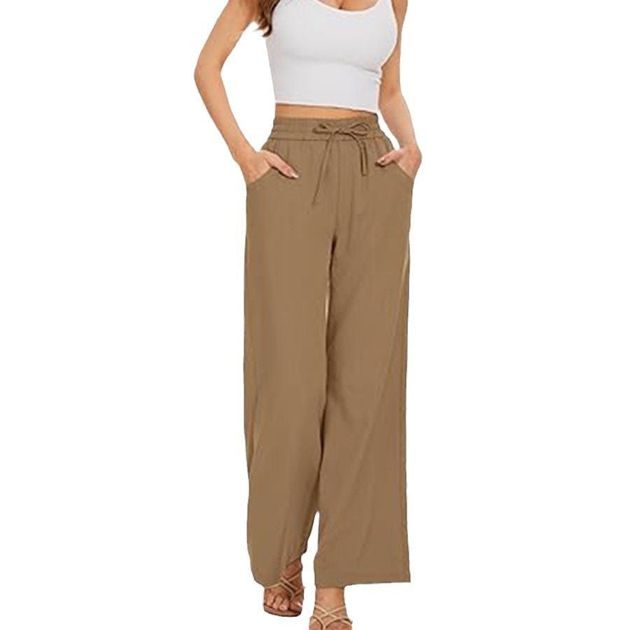 Damen Weite Leinenhose mit hohem elastischem Bund, Kordelzug und Eingrifftaschen Shop Nory