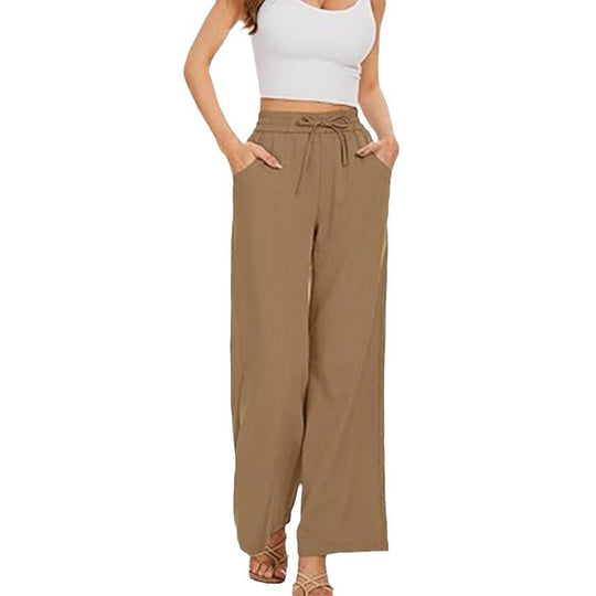 Damen Weite Leinenhose mit hohem elastischem Bund, Kordelzug und Eingrifftaschen Shop Nory