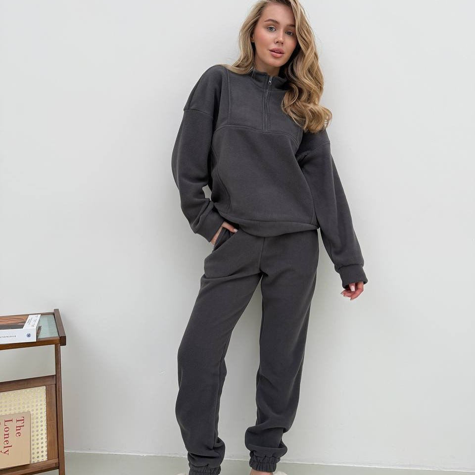Damen gemütlicher Fleece-Zweiteiler mit halbem Reißverschluss, cropped Pullover und hochtaillierter Jogginghose mit elastischem Bund Shop Nory