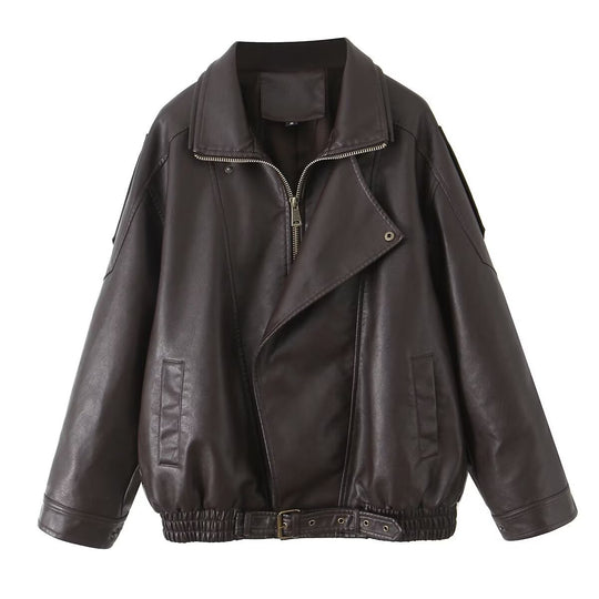 Damen Oversize-Lederimitat-Bomberjacke mit asymmetrischem Reißverschluss und Taillenband Shop Nory