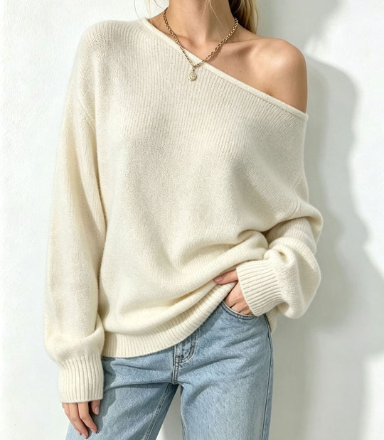 Damen Oversize Off-Shoulder Feinstrickpullover mit gerippten Bündchen Shop Nory