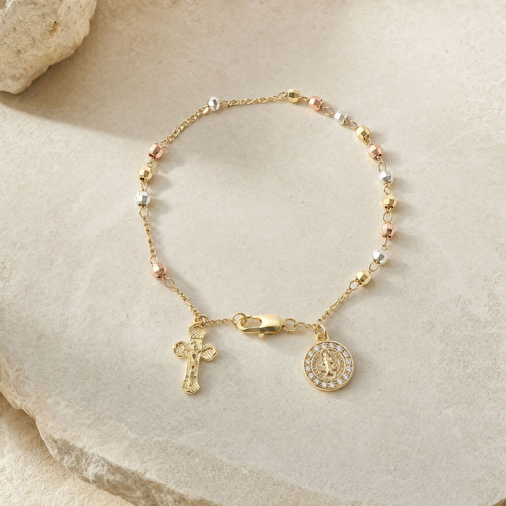 Filigranes Religiöses Armband mit Kreuz und Marienmedaille, Vergoldetes Edelstahl-Rosario