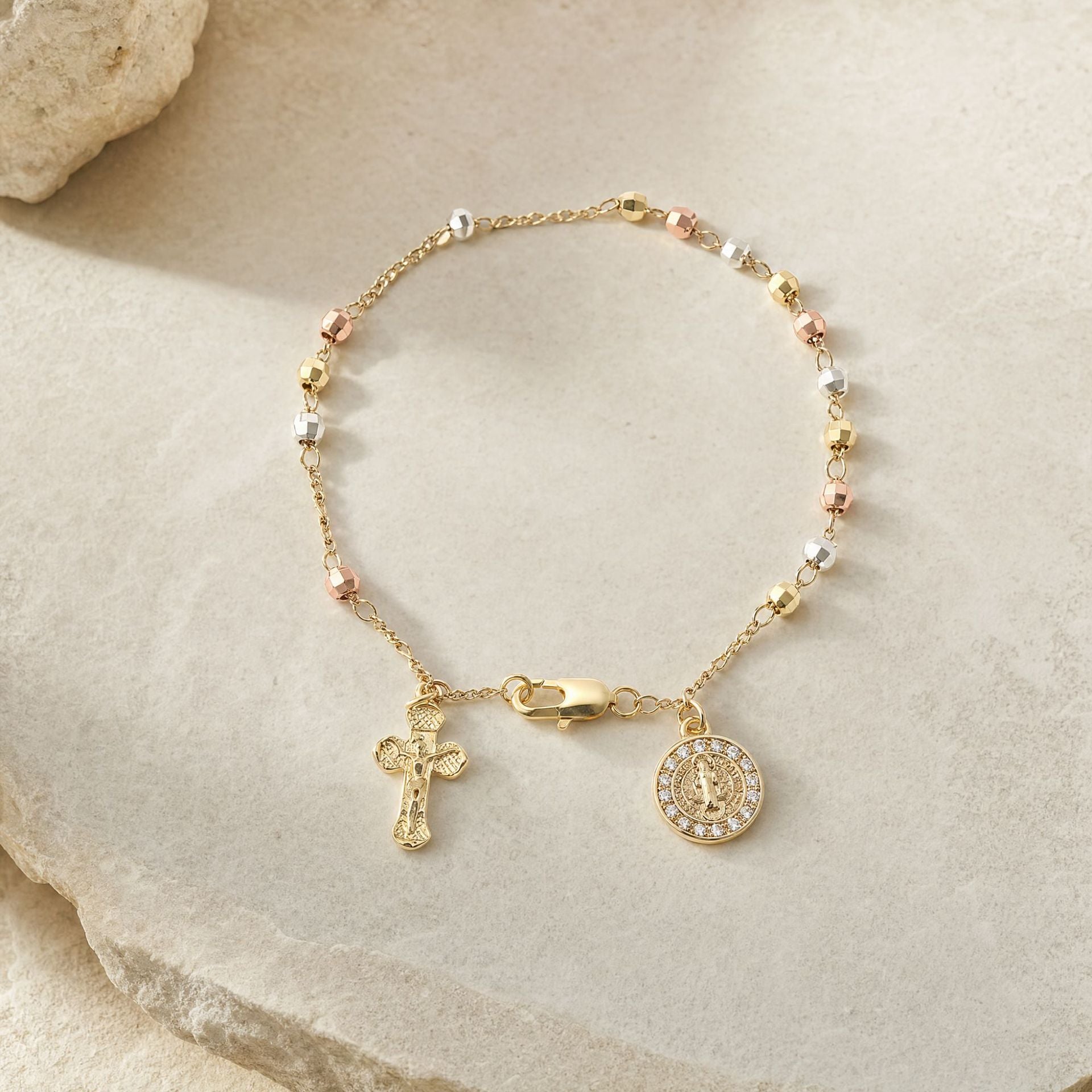 Filigranes Religiöses Armband mit Kreuz und Marienmedaille, Vergoldetes Edelstahl-Rosario