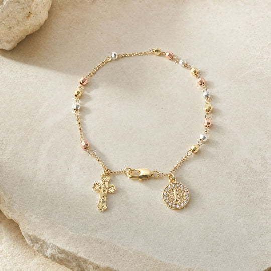 Filigranes Religiöses Armband mit Kreuz und Marienmedaille, Vergoldetes Edelstahl-Rosario