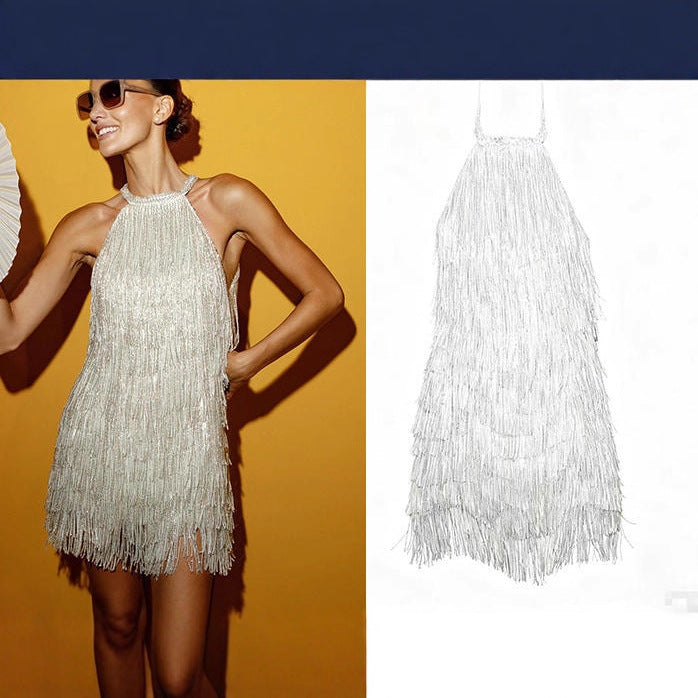 Damen Funkelndes Fransenminikleid mit halbem Hals Shopnory