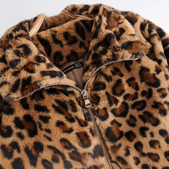 Damen Kunstfelljacke mit Leopardenmuster, durchgehendem Reißverschluss und elastischem Saum Shop Nory