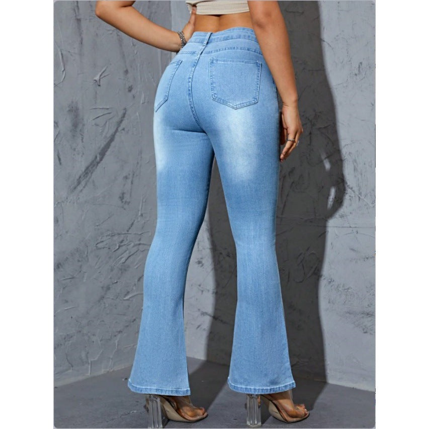 Damen Hochtaillierte Schlagjeans mit Perlenbesatz und sculptendem Stretchbund Shop Nory