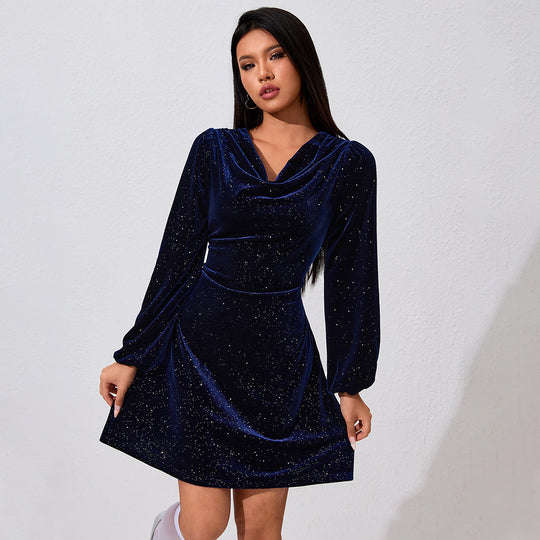 Damen samtkleid mit Wasserfallausschnitt langen Puffärmeln glitzernder Oberflächenstruktur und taillierter A-Linie Shop Nory