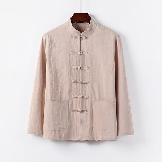 Herren traditionelle Tang-Jacke mit Stehkragen und Knotenknöpfen aus Leinenmischung Shop Nory