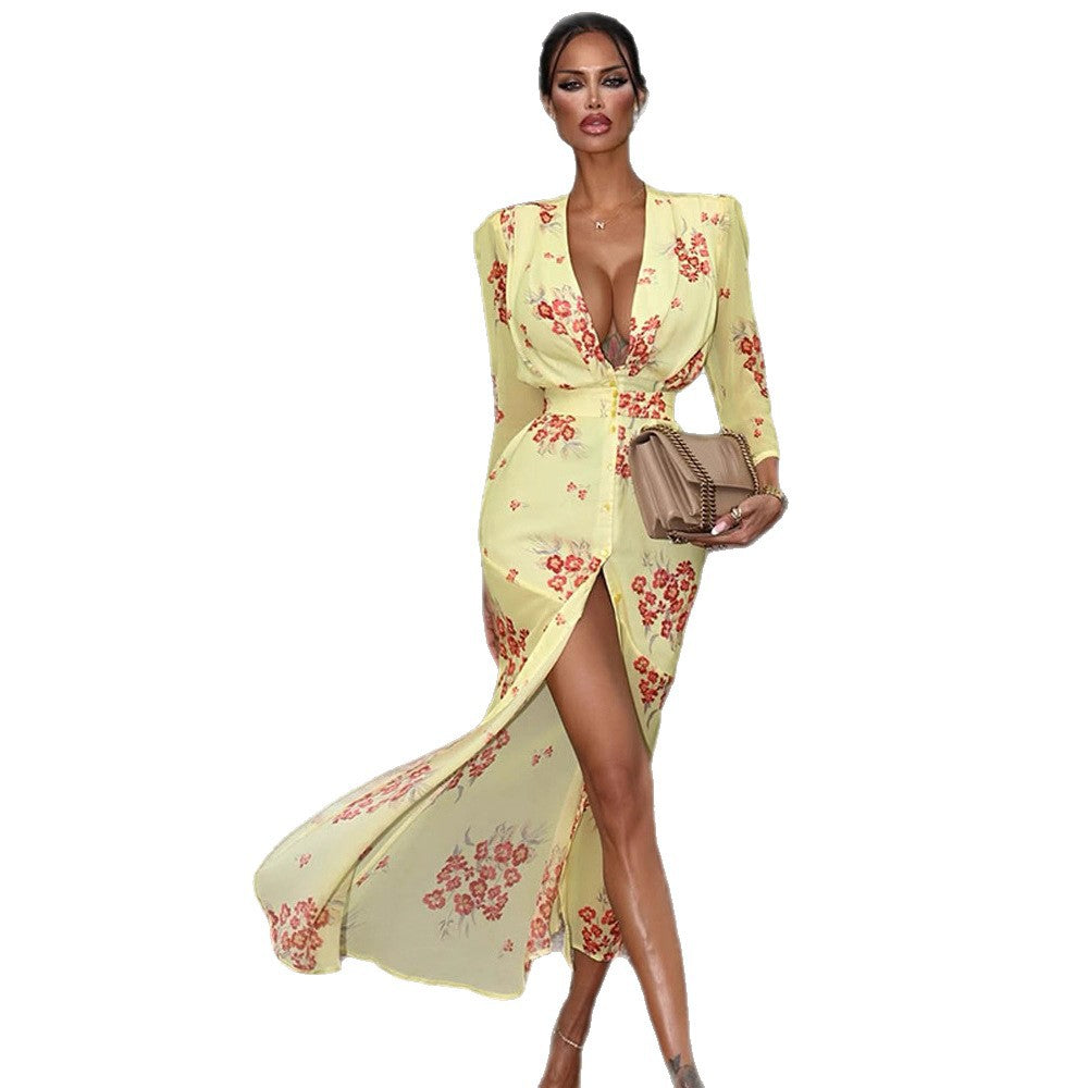 Damen Maxikleid mit tiefem V-Ausschnitt, taillierter Korsage und hohem Beinschlitz Shop Nory