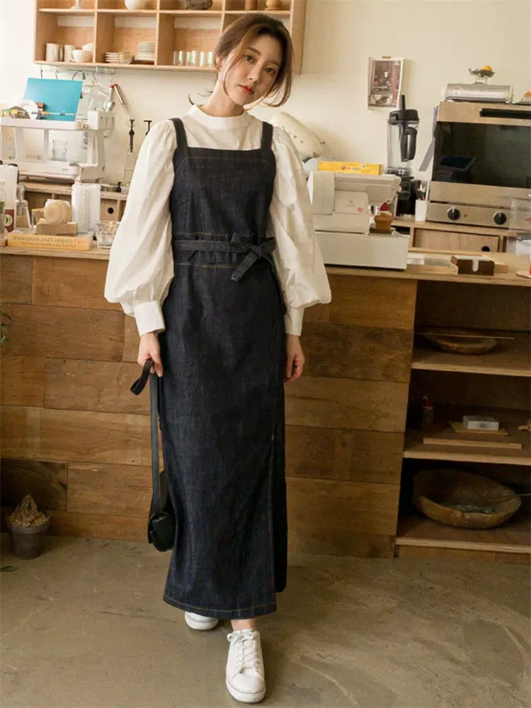 Damen Langes Jeans-Latzkleid mit eckigem Ausschnitt, Taillenband und vorderem Beinschlitz Shop Nory