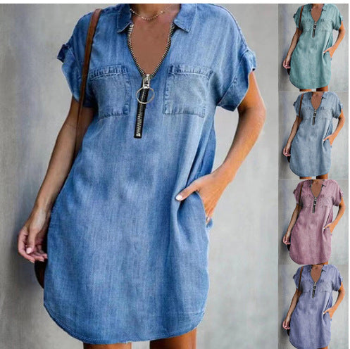 Damen Freizeit Denim-Kleid mit praktischen Taschen und Reißverschluss