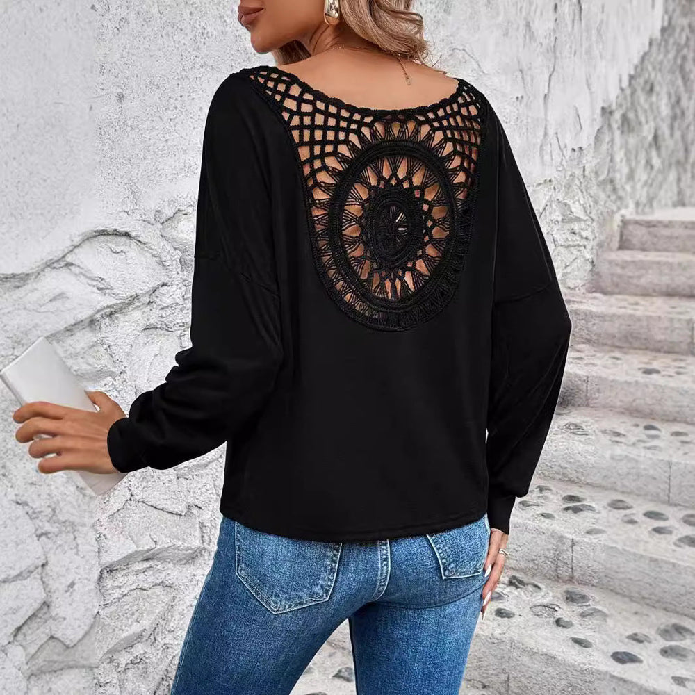 Damen Langarm T-Shirt mit dekorativem Häkelrücken