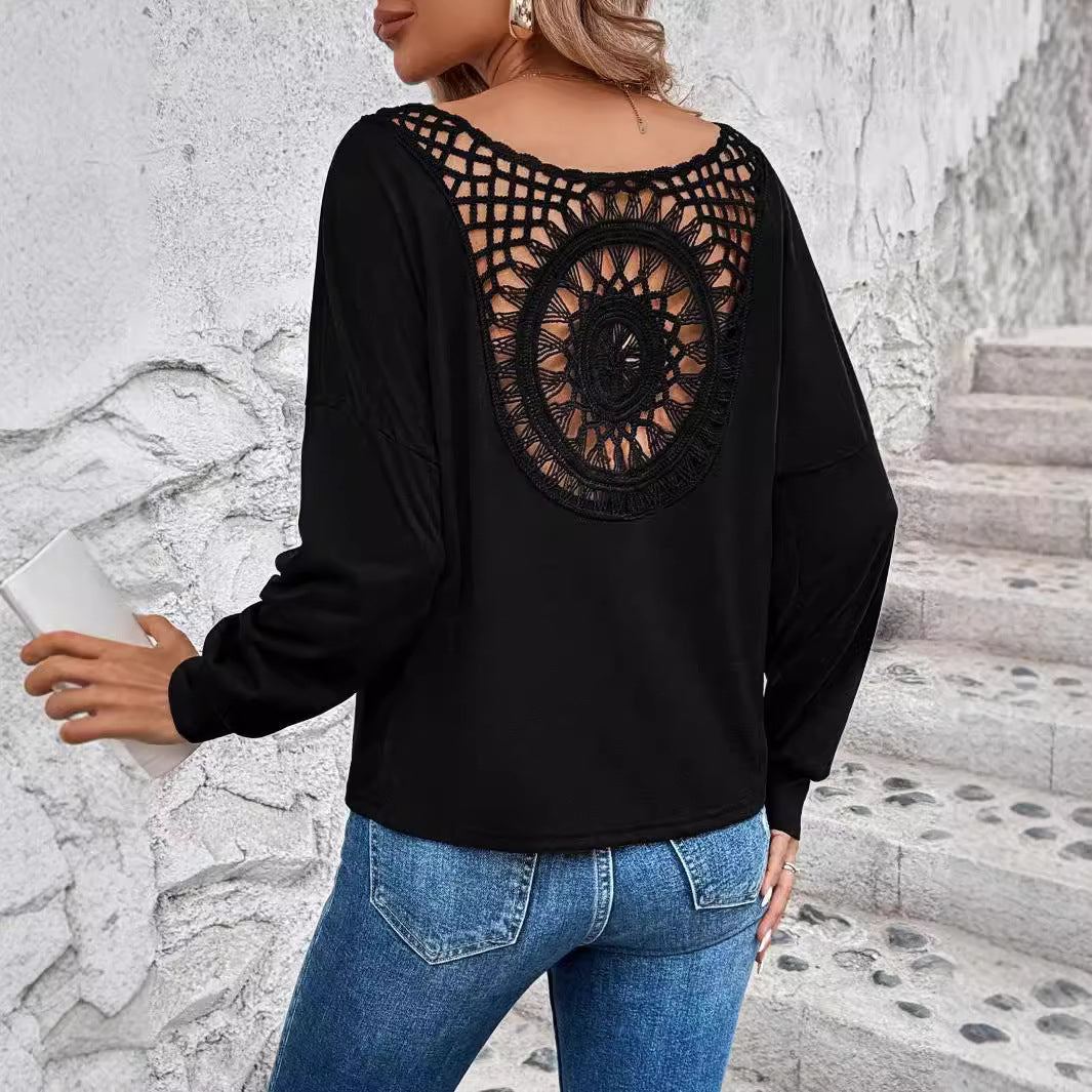 Damen Langarm T-Shirt mit dekorativem Häkelrücken