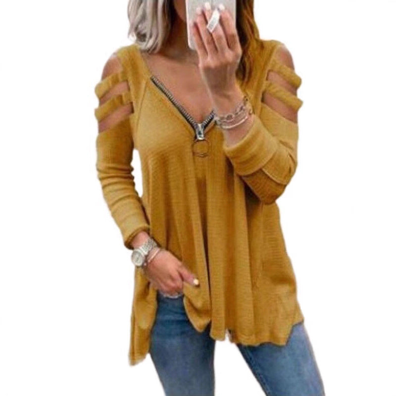 Damen lässiges Oberteil mit modischen Cut-Out-Details und Reißverschluss Shopnory