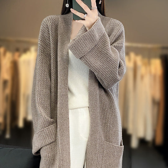 Damen Langer Oversize-Strickcardigan mit Strukturmuster und aufgesetzten Taschen Shop Nory
