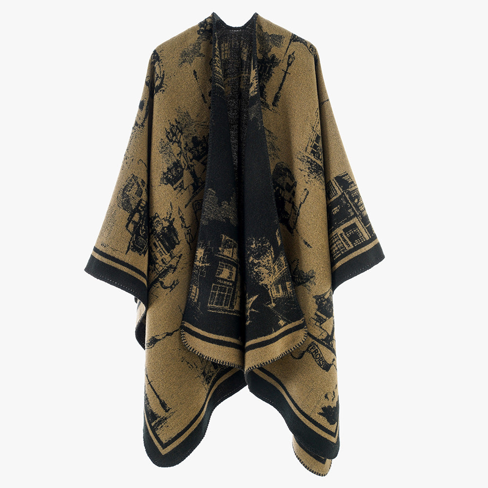 Damen Zweifarbiger Wolloptik-Überwurf mit Jacquard‑Stadtmotiv und offener Wasserfallfront Shop Nory