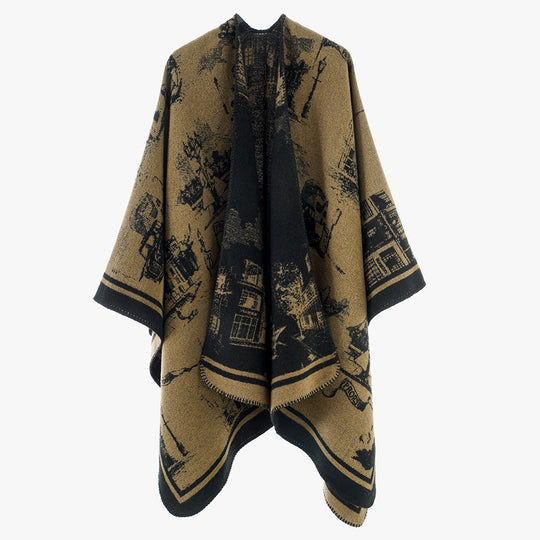 Damen Zweifarbiger Wolloptik-Überwurf mit Jacquard‑Stadtmotiv und offener Wasserfallfront Shop Nory