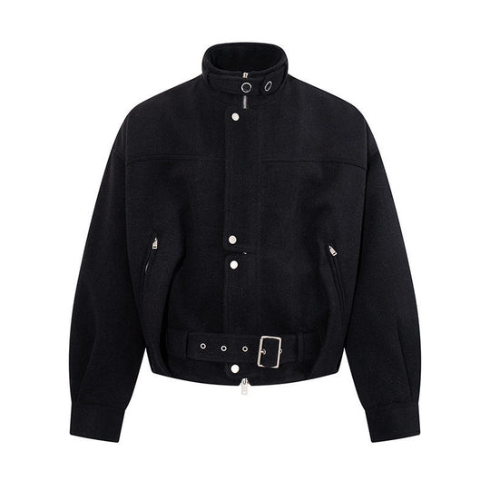 Damen kurze Woll-Bomberjacke mit hohem Stehkragen, Taillengürtel und verdeckter Reißverschluss Shop Nory