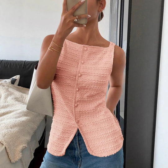 Damen Ärmelloses Struktur-Top mit Zierknopfleiste und Vorder‑Schlitz Shop Nory