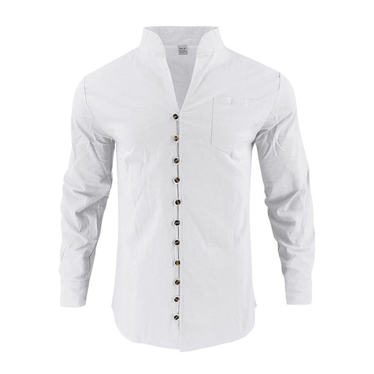Herren Hemd mit Stehkragen und asymmetrischer Knopfleiste aus Leinenmix Shop Nory