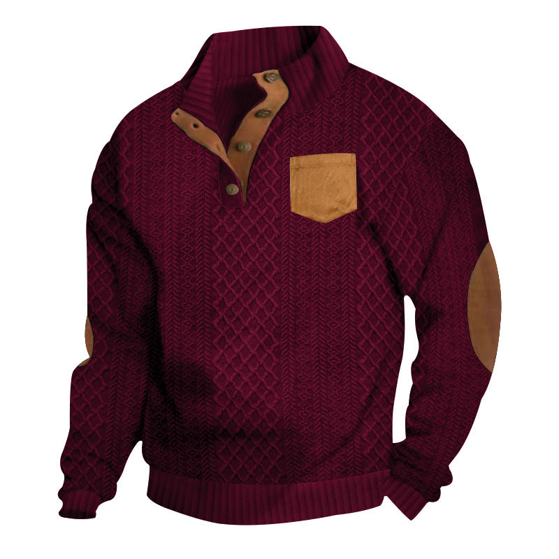 Herren Strukturiertes Kabelstrick-Sweatshirt mit Halbknopfblende, Kunstleder‑Patchtasche & Ellbogenpatches Shop Nory