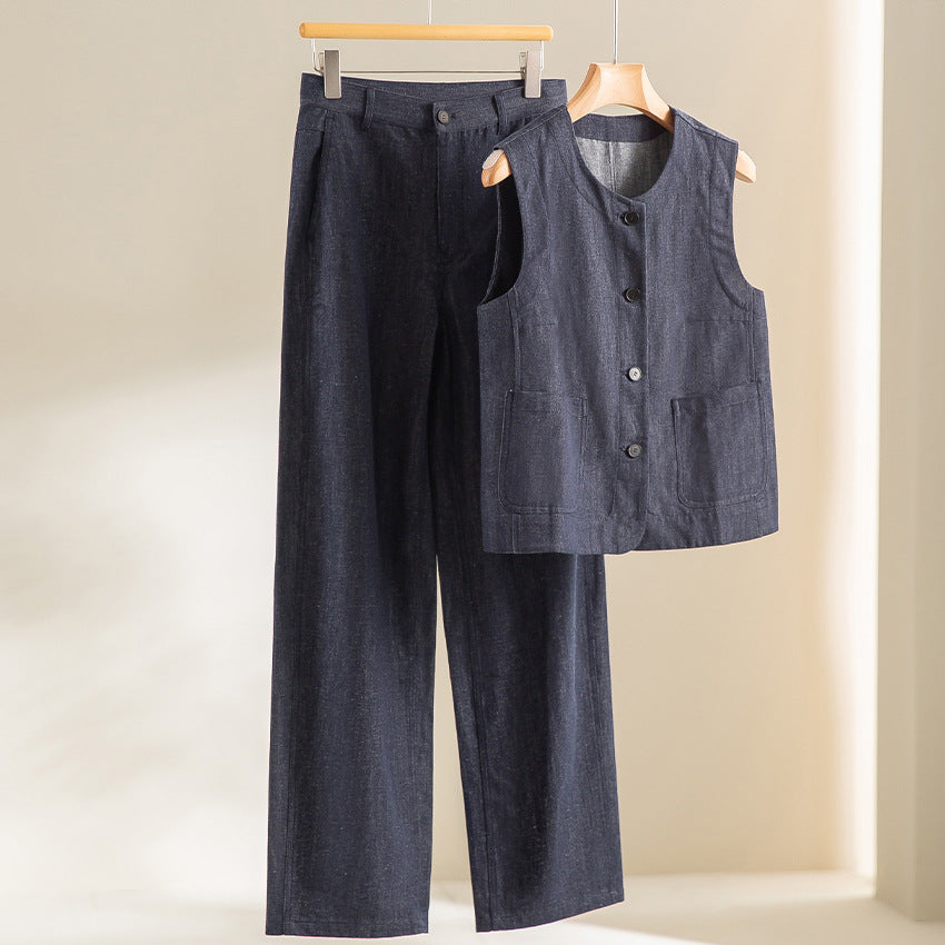 Damen Ärmellose leicht taillierte Weste aus Leinen-Denim mit Knopfleiste und aufgesetzten Taschen Shop Nory