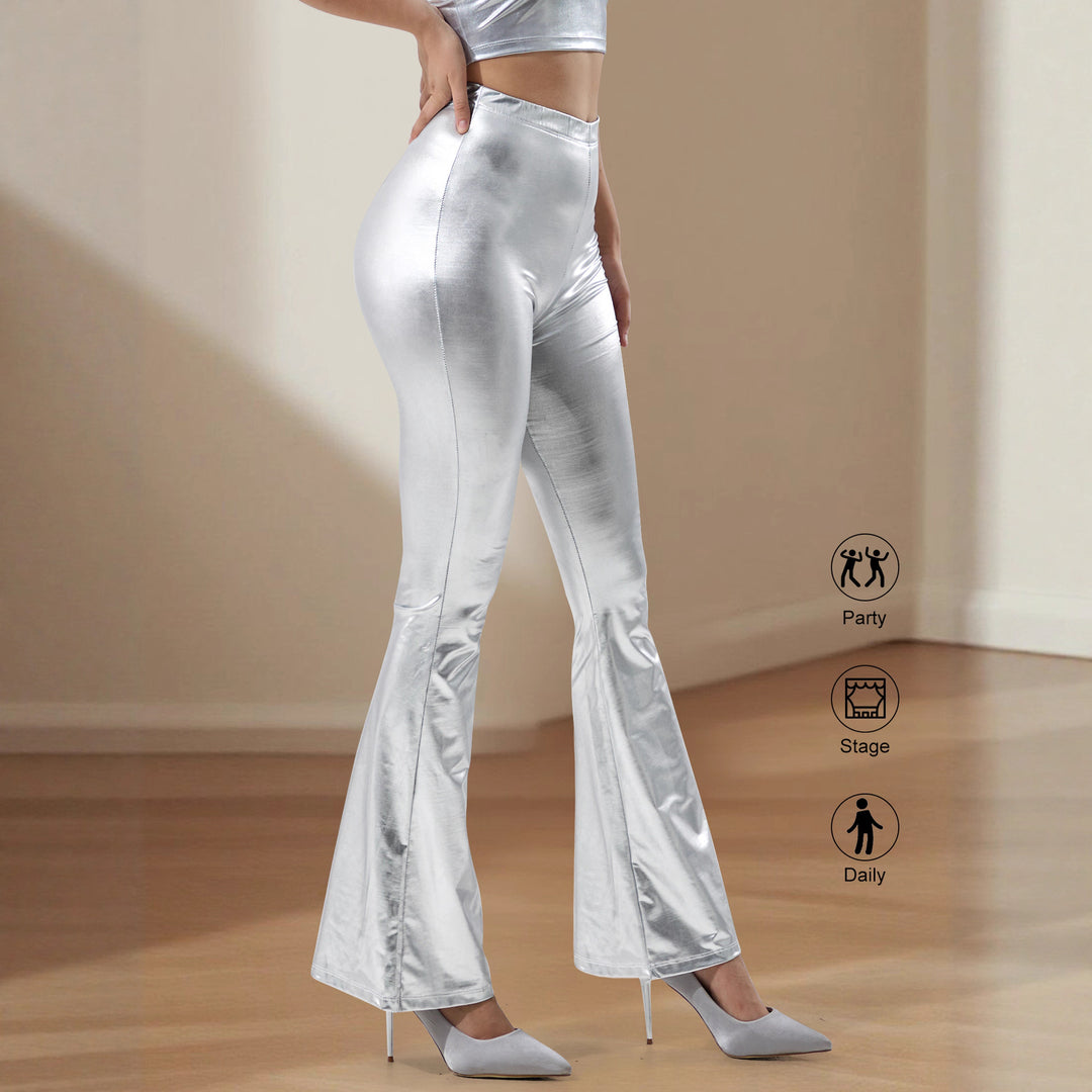 Damen High-Waist Metallic-Schlaghose mit formendem Stretchbund und eleganter Bootcut-Passform Shopy Nory