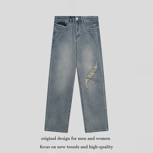 Damen Weite hochgeschnittene Denim-Jeans mit geradem Bein und Destroyed-Detail Shop Nory