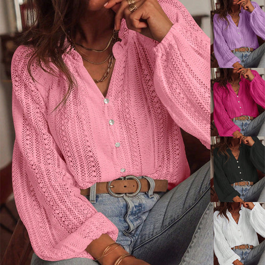 Damen Häkelbluse mit Knopfleiste und Ballonärmeln Shop Nory