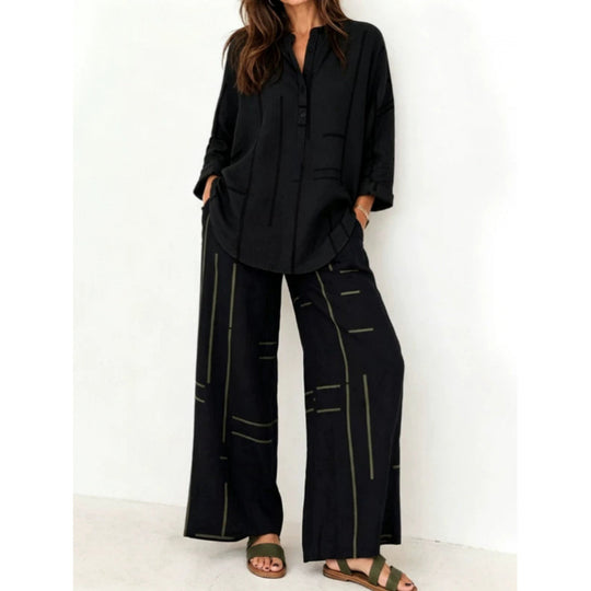 Damen Oversize-Tunika und weite Palazzohose mit grafischem Streifenprint und Henley-Kragen Shop Nory