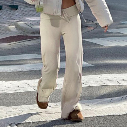 Damen nan weiche Highwaist-Loungehose aus Baumwollmix mit elastischem Komfortbund, Bindekordel und geradem Bein Shop Nory