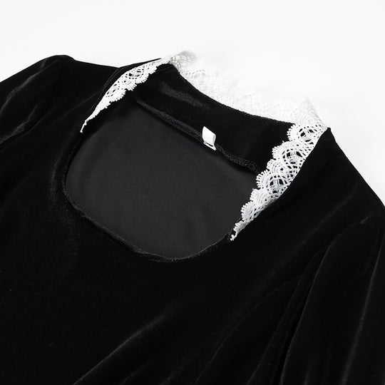 Damen Maxikleid aus Samt mit quadratischem Ausschnitt, Puffärmeln und Spitzenbesatz Shop Nory
