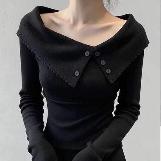 Damen Eleganter Pullover mit weitem Kragen und Knopfdetails Shop Nory