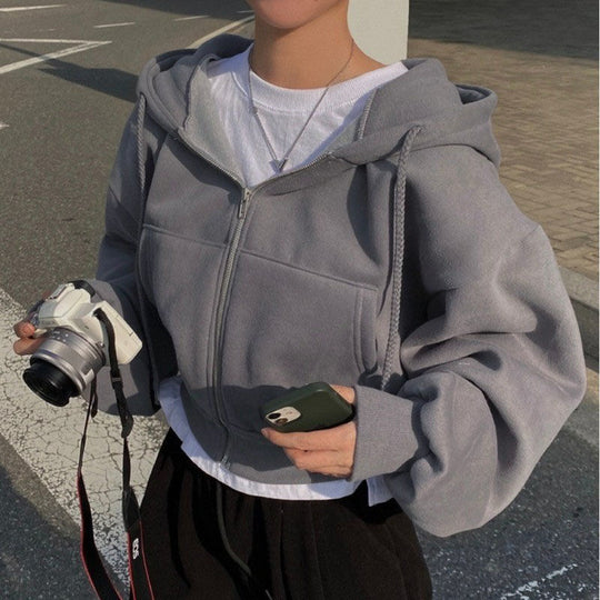 Damen nan oversized cropped Kapuzenjacke mit Reißverschluss und Ballonärmeln Shop Nory
