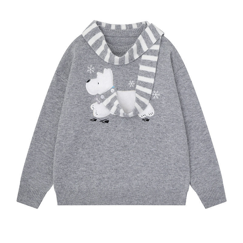 Damen Kuscheliger Strickpullover mit Eisbär-Applikation und eingearbeitetem Streifenschal Shop Nory