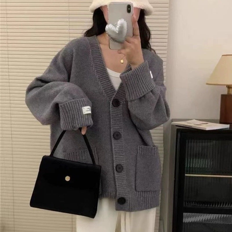 Damen Grob gestrickter Cardigan mit großen Taschen und tiefem V-Ausschnitt