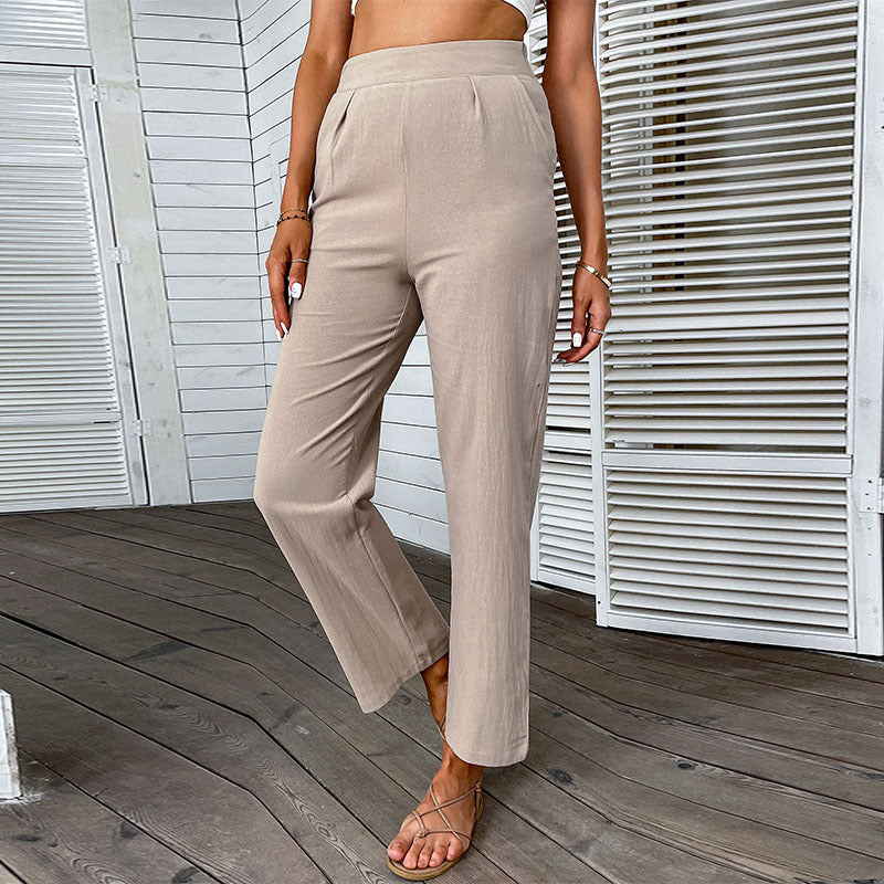 Damen Leichte Leinenoptik-Hose mit hoher Taille und geradem Bein Shop Nory