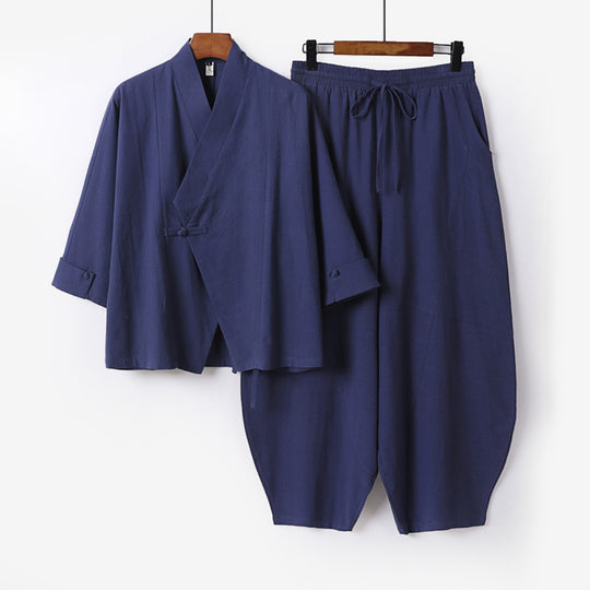 Herren Minimalistisches Kimono-Lounge-Set aus atmungsaktivem Baumwollmix mit ballonförmiger Bundhose Shop Nory